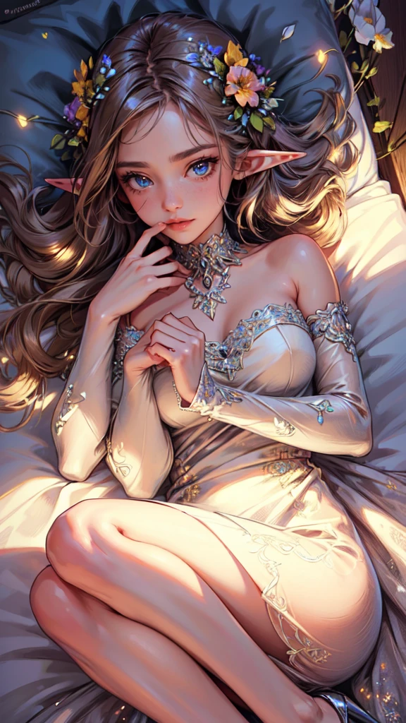 best quality, high-res, ultra-detailed), beautiful woman, detailed face, detailed eyes, long sparkling dress, night background with light and flowers, neon colors, portraits, soft and warm color tones, ambient lighting, full body, flowers, lights, laying on bed, detailed face, detailed eyes, detailed hands,elf woman
