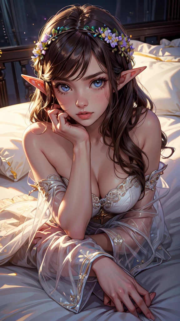 best quality, high-res, ultra-detailed), beautiful woman, detailed face, detailed eyes, long sparkling dress, night background with light and flowers, neon colors, portraits, soft and warm color tones, ambient lighting, full body, flowers, lights, laying on bed, detailed face, detailed eyes, detailed hands,elf woman