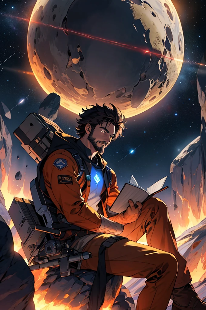 Draw a young programmer, sitting on a research platform floating in the middle of an asteroid belt. He is studying with a notebook, surrounded by several asteroids glowing with fiery auras. Dramatic lighting from distant stars and planets illuminates the scene, casting deep shadows on the suit. The young man looks confident and determined, looking at the vast and mysterious universe with wonder and respect,facial hair, cowboy shot,