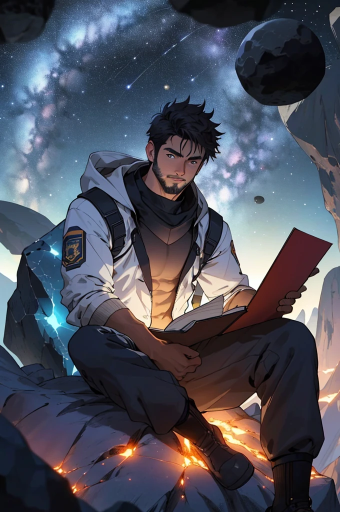 Draw a young programmer, sitting on a research platform floating in the middle of an asteroid belt. He is studying with a notebook, surrounded by several asteroids glowing with fiery auras. Dramatic lighting from distant stars and planets illuminates the scene, casting deep shadows on the suit. The young man looks confident and determined, looking at the vast and mysterious universe with wonder and respect,facial hair, cowboy shot,