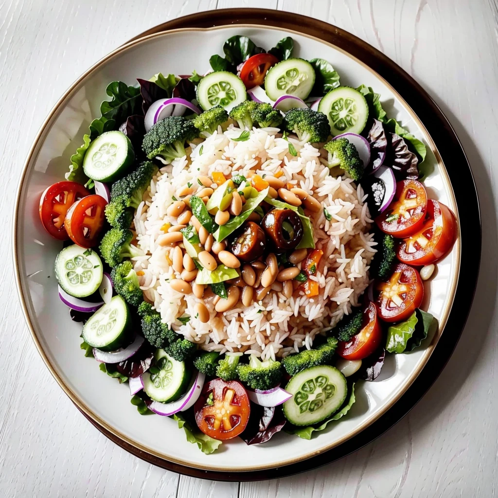 a small plate of vegetarian food with rice, bean, some salad and vegetables seen from above with a white background with a space to write next to it