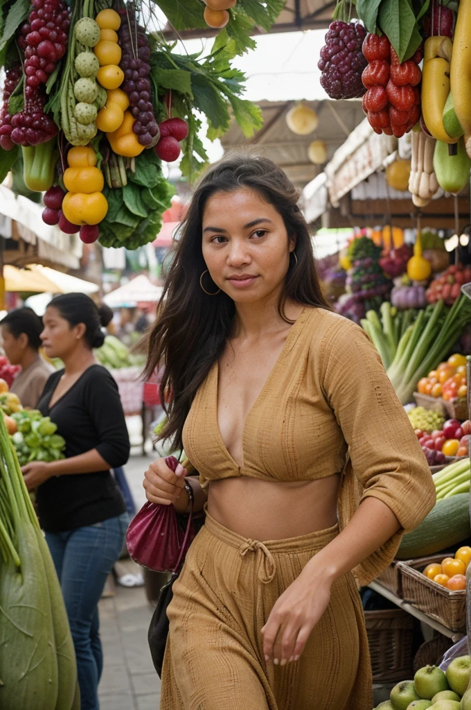 A photorealistic image of a woman walking through a busy market, with vendors selling colorful fruits and vegetables all around. Shot from a close-up angle to capture the sense of texture and vibrancy.