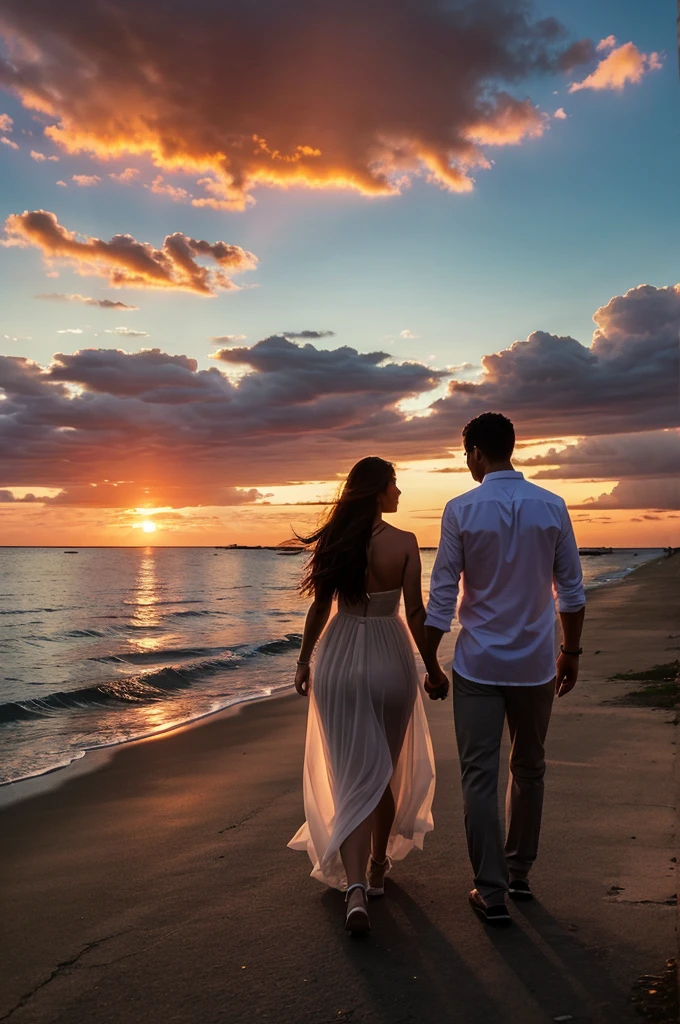 Sunset Walk: A beautiful sunset setting where the couple is walking together, symbolizing a new beginning in their relationship.