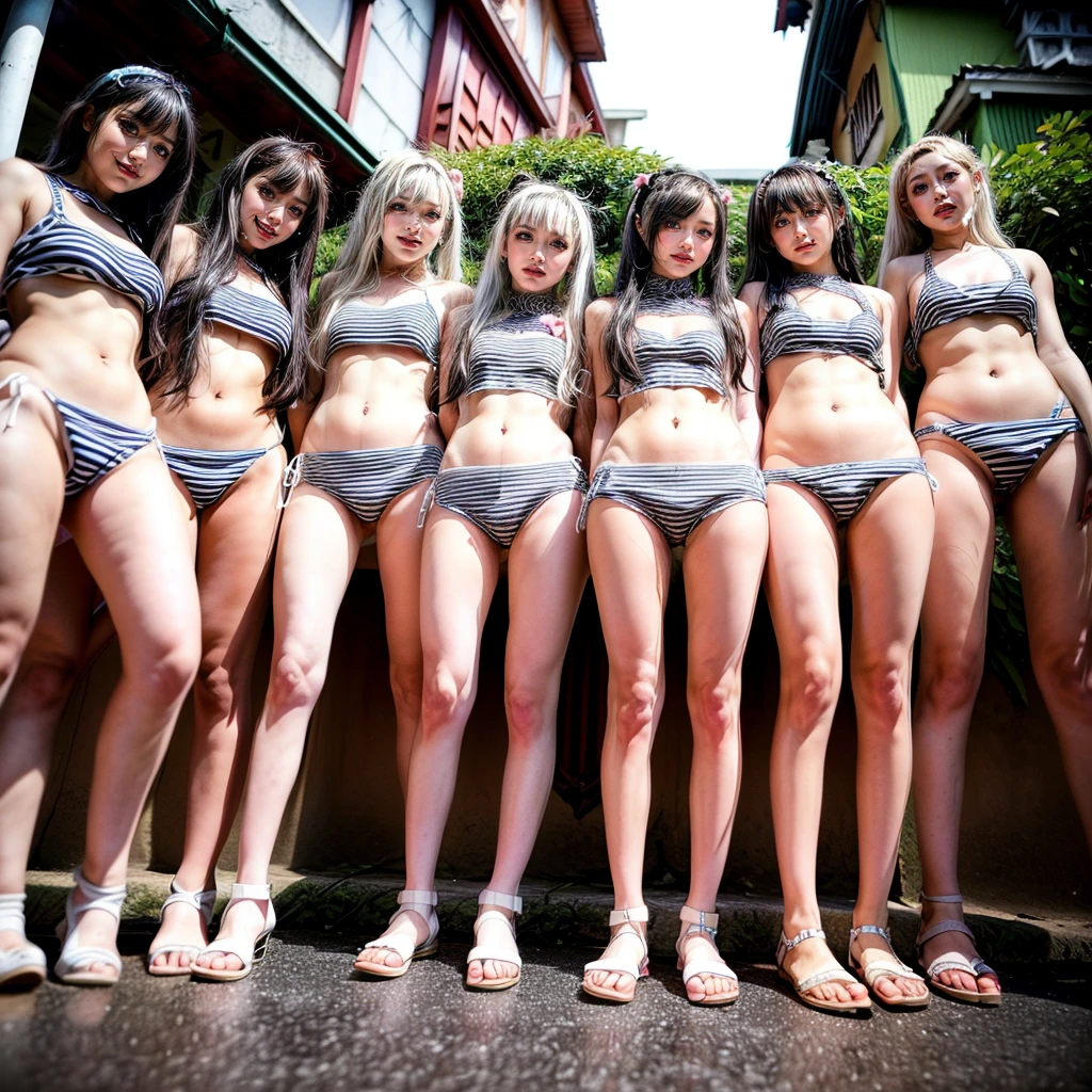 ((ExtremelyDetailed (12 KAWAII Girls in a row:1.37) at Dusk Enoshima Beach)), (masterpiece TopQuality) (photorealistic:1.37), {(Standing Full Body:1.2)|(from below:1.2)}, Different types of hair colors, {School Uniform|naked bandage|tutu}, PUNIPUNI, Joyful Expressions LifeLike Rendering, PerfectLighting, (nipples:0.8)