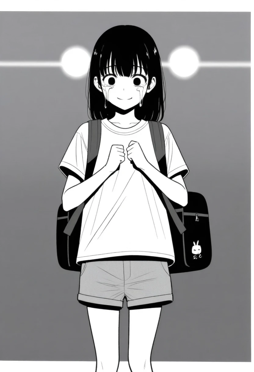 masterpiece, best quality, 1girl, mamerakkkkko, grayscale, manga style, japanese, chi no wadachi, black eyes, street, iced, black hair, schoolbag, smile, lineart, white background, white shirt, grey shorts, centered, 18 years old, tall, fair skinned, bokeh background, crying, tears, straight-on, tears streaming