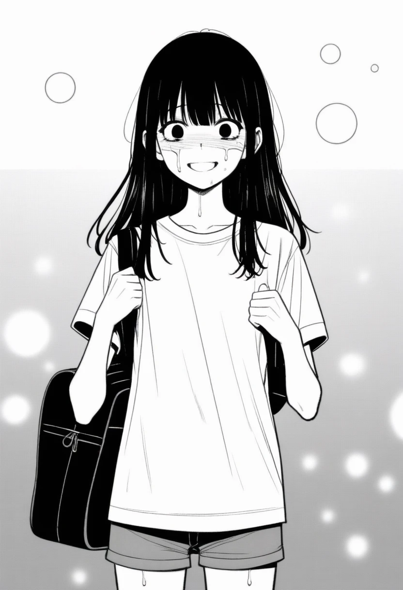 masterpiece, best quality, 1girl, mamerakkkkko, grayscale, manga style, japanese, chi no wadachi, black eyes, street, iced, black hair, schoolbag, smile, lineart, white background, white shirt, grey shorts, centered, 18 years old, tall, fair skinned, bokeh background, crying, tears, straight-on, tears streaming