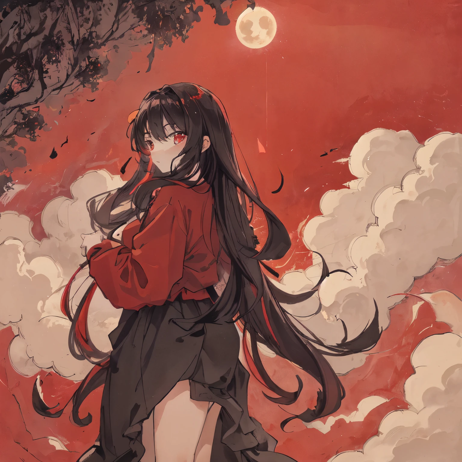 masterpiece, best quality, night, hill, clouds, full moon, long hair, woman, silhouette, fireflies, red background, red lighting, red
