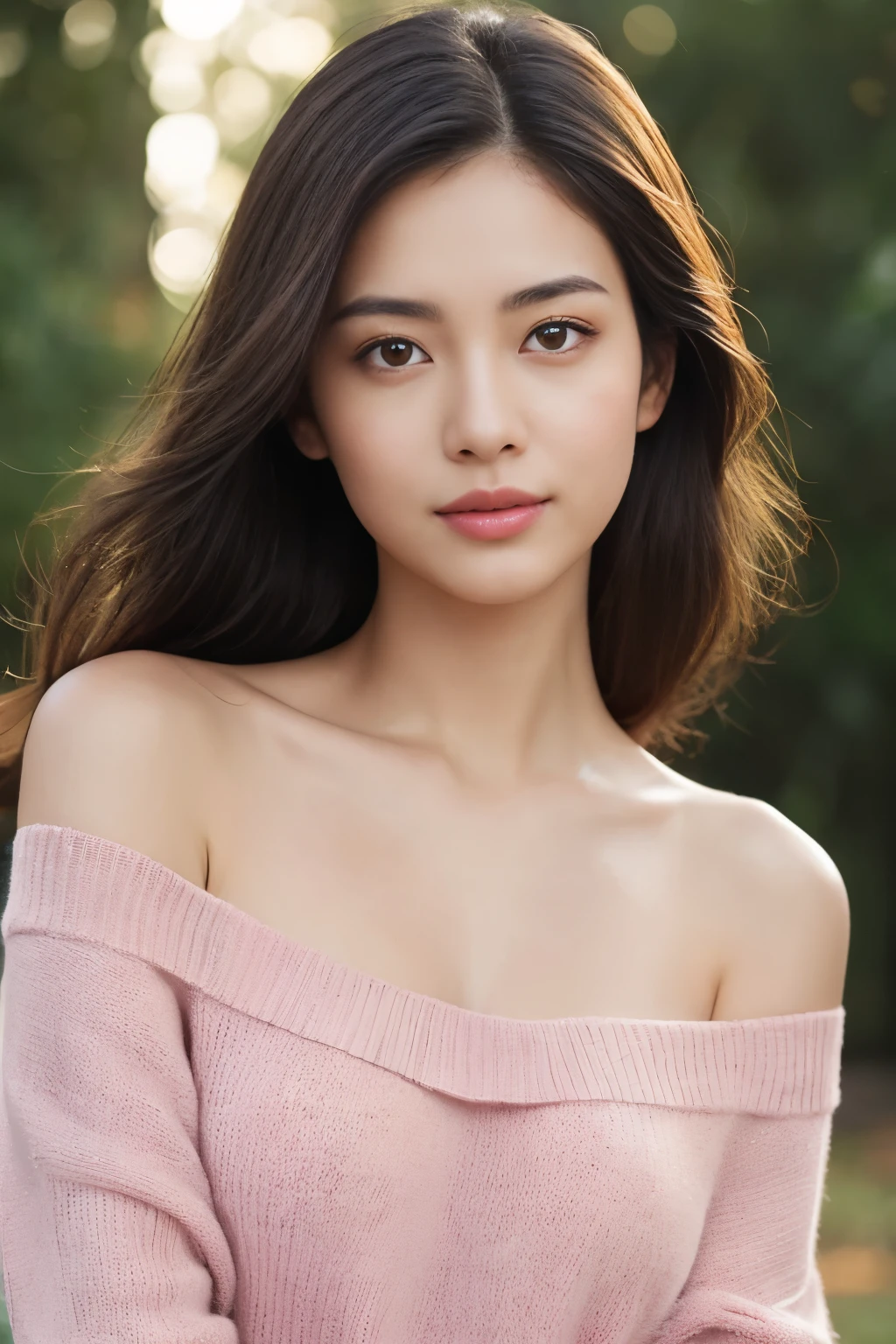 Create a (( mid-shot )) photorealistic image of a beautiful Asian woman with fair, smooth, flawless skin. She has large, round, sparkling eyes with naturally long and curled eyelashes, and well-defined, dark eyebrows. Her nose is straight and high, and her naturally pink, soft lips form a gentle smile. She has short, slightly curled brown hair that highlights her delicate facial features. Her face is oval-shaped, with a wide and high forehead, moderately high cheekbones, and a pointed, slender chin. (( waist to top)) ((,She is wearing a soft pink sweater relaxed neckline that casually ((drapes off one shoulder)), exposing slender shoulders with black bra trap, highlighted by the rays of light creating a radiant effect on her skin. , mid-shot , light rays, warm atmosphere ,))