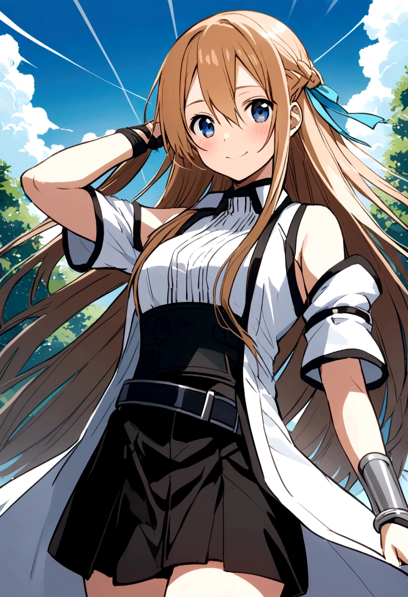 masterpiece, best quality, best quality, (Intricate detailed:1.2), beautiful eyes, 1girl, solo, outdoors, dessert, blue sky, cloudy, mountain, bokeh, lens flare, depth of field, seductive face, horny face, showing armpits, arms behind head, looking at viewer, kisaragi alice, yellow hair, blue eyes, hair ornament, flat chest, contrapposto, smile,