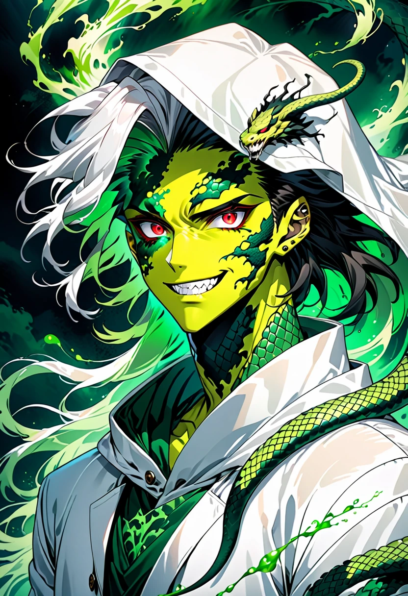 Generate an anime-style illustration of a age male character with the appearance of a Gorgon. He should have pale skin, sharp facial features, and a monstrous look, with green scales covering parts of his face and body. His hair should be made entirely of slender, elegant white snakes with subtle green highlights, all oozing a green liquid aura. The snakes should have piercing red eyes. The character should be wearing a white trench coat hoodie with accents of green, creating a harmonious green and white color theme. He should have a sinister grin on his face. Please ensure that the overall aesthetic remains true to traditional anime art style