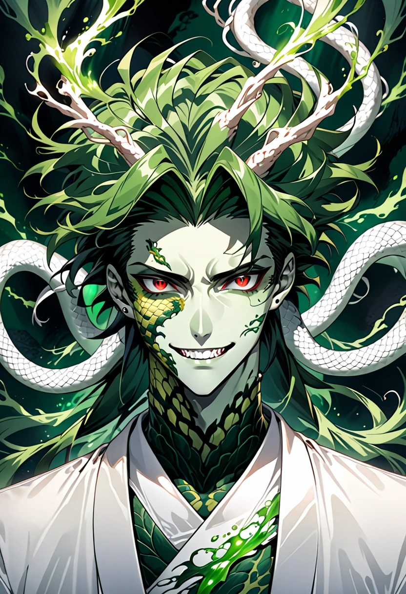 Generate an anime-style illustration of a teenage male character with the appearance of a Gorgon. He should have pale skin, sharp facial features, and a monstrous look, with green scales covering parts of his face and body. His hair should be made entirely of slender, elegant white snakes with subtle green highlights, all oozing a green liquid aura. The snakes should have piercing red eyes. The character should be wearing a white trench coat hoodie with accents of green, creating a harmonious green and white color theme. He should have a sinister grin on his face. Please ensure that the overall aesthetic remains true to traditional anime art style