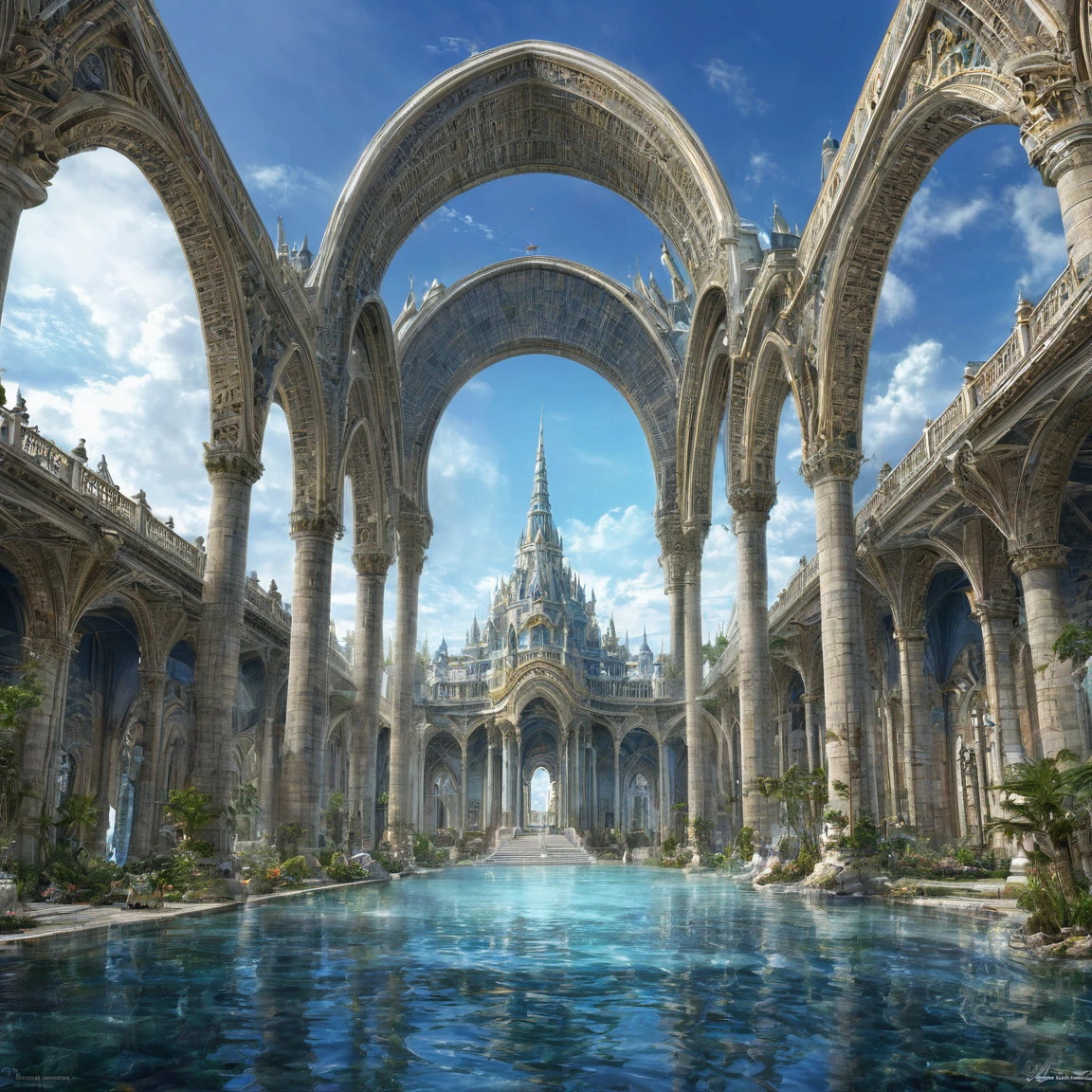 ((best quality)), ((masterpiece)), ((realistic,digital art)), (super detailed), (grand temple du dieu de la mer sur une vaste place), bassins, (style fantasy)