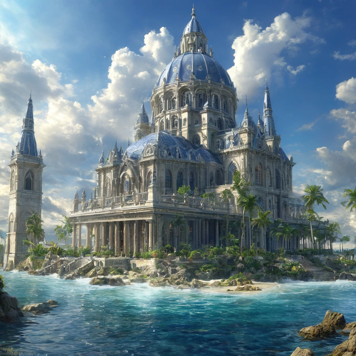 ((best quality)), ((masterpiece)), ((realistic,digital art)), (super detailed), (grand temple du dieu de la mer sur une vaste place), bassins, (style fantasy)