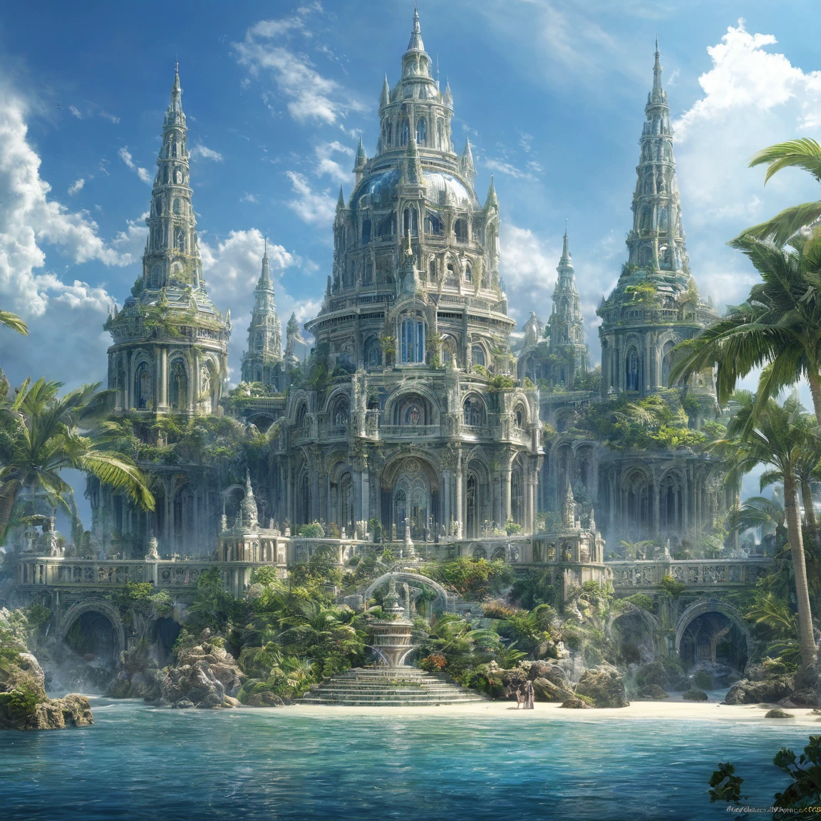 ((best quality)), ((masterpiece)), ((realistic,digital art)), (super detailed), (grand temple du dieu de la mer sur une vaste place), bassins, (style fantasy)