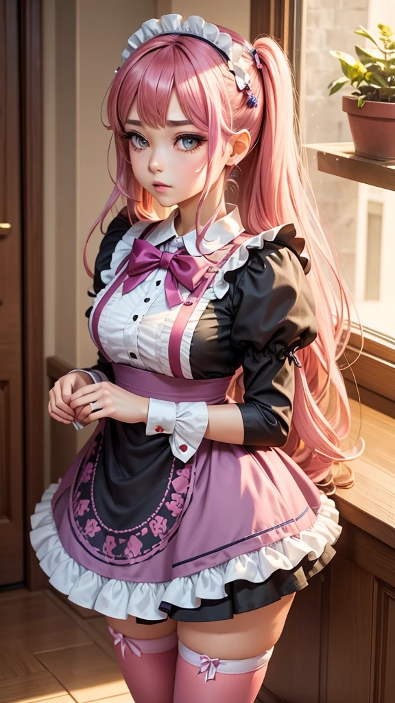 Nsfw, 1girl, apron, bow, cube hair ornament, dress, frills, gloom (expression), hair ornament, heart, heart hands, long hair, looking away, maid, maid apron, maid headdress, mary janes, one side up, pink hair, shaded face, shoes, short dress, solo, sweatdrop, thighhighs, white thighhighs, zettai ryouiki, 