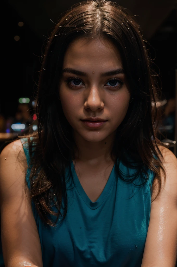 Portrait of the most beautiful girl in the world. She has a lot of cum running down her face. Dark lighting. RGB light. The photo was taken in a night club.