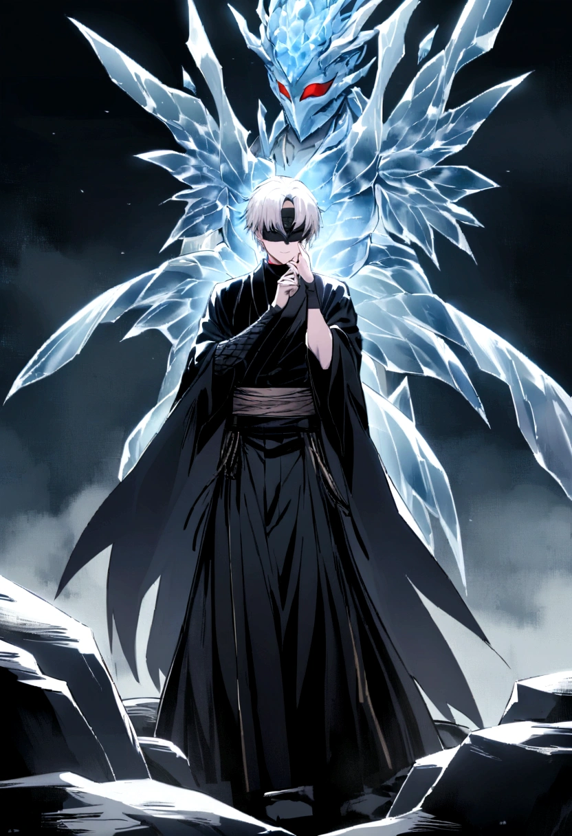 On a serene night, a young ninja with snow-white hair is standing on a rocky ledge, his face hidden by the gray mask of the Tsuchigumo clan. The mask covers the entire length of your face, from the forehead to the chin, adorned with striking red spirals that appear to gently pulse under the moonlight.
Dressed in black shinobi clothing that waves gently in the night breeze, Hideo exudes an aura of unwavering calm and focus. Her short, white hair shines softly under the moonlight, standing out against the dark fabric of his robes.
Around her, a crystalline ice dragon forms, its scales gleaming with a cold, translucent shine. The creature appears to materialize from Hideo's own chakra., hovering silently like an ethereal guardian beside the young ninja.