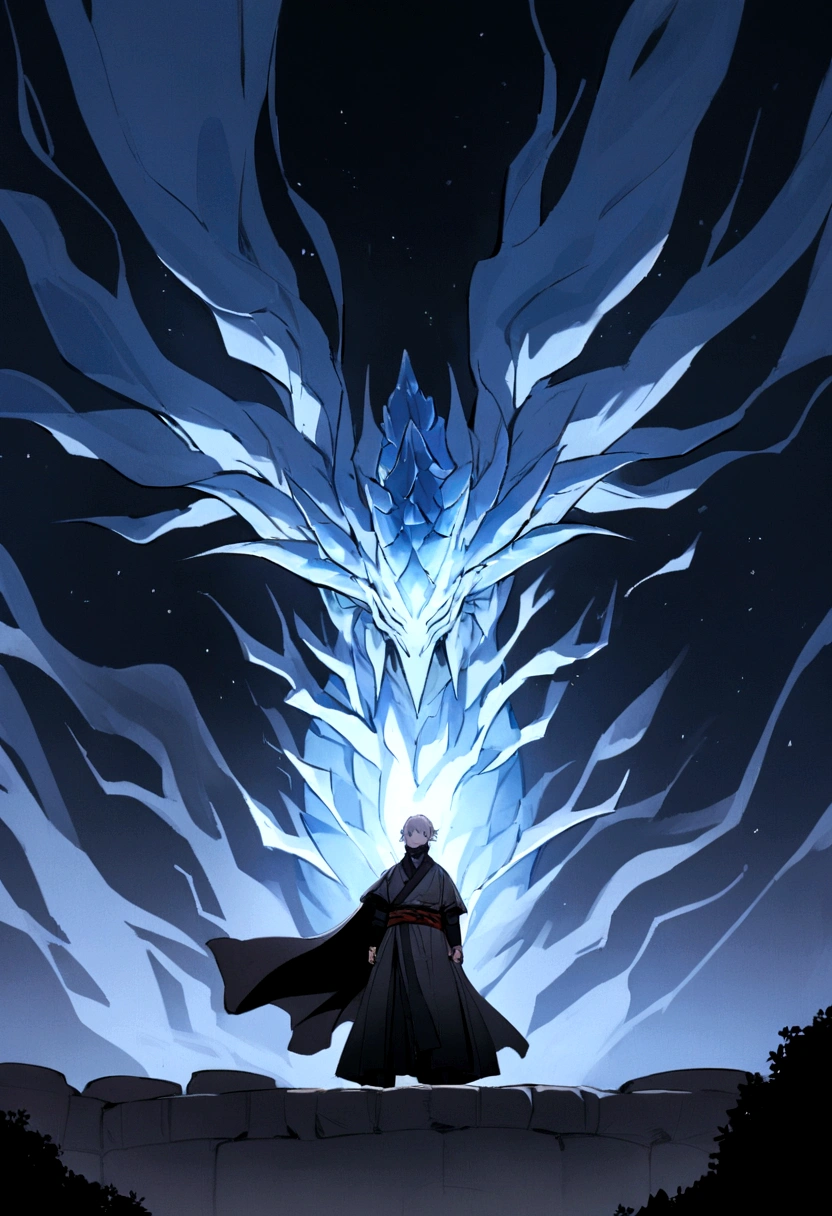 On a serene night, a young ninja with snow-white hair is standing on a rocky ledge, his face hidden by the gray mask of the Tsuchigumo clan. The mask covers the entire length of your face, from the forehead to the chin, adorned with striking red spirals that appear to gently pulse under the moonlight.
Dressed in black shinobi clothing that waves gently in the night breeze, Hideo exudes an aura of unwavering calm and focus. Her short, white hair shines softly under the moonlight, standing out against the dark fabric of his robes.
Around her, a crystalline ice dragon forms, its scales gleaming with a cold, translucent shine. The creature appears to materialize from Hideo's own chakra., hovering silently like an ethereal guardian beside the young ninja.