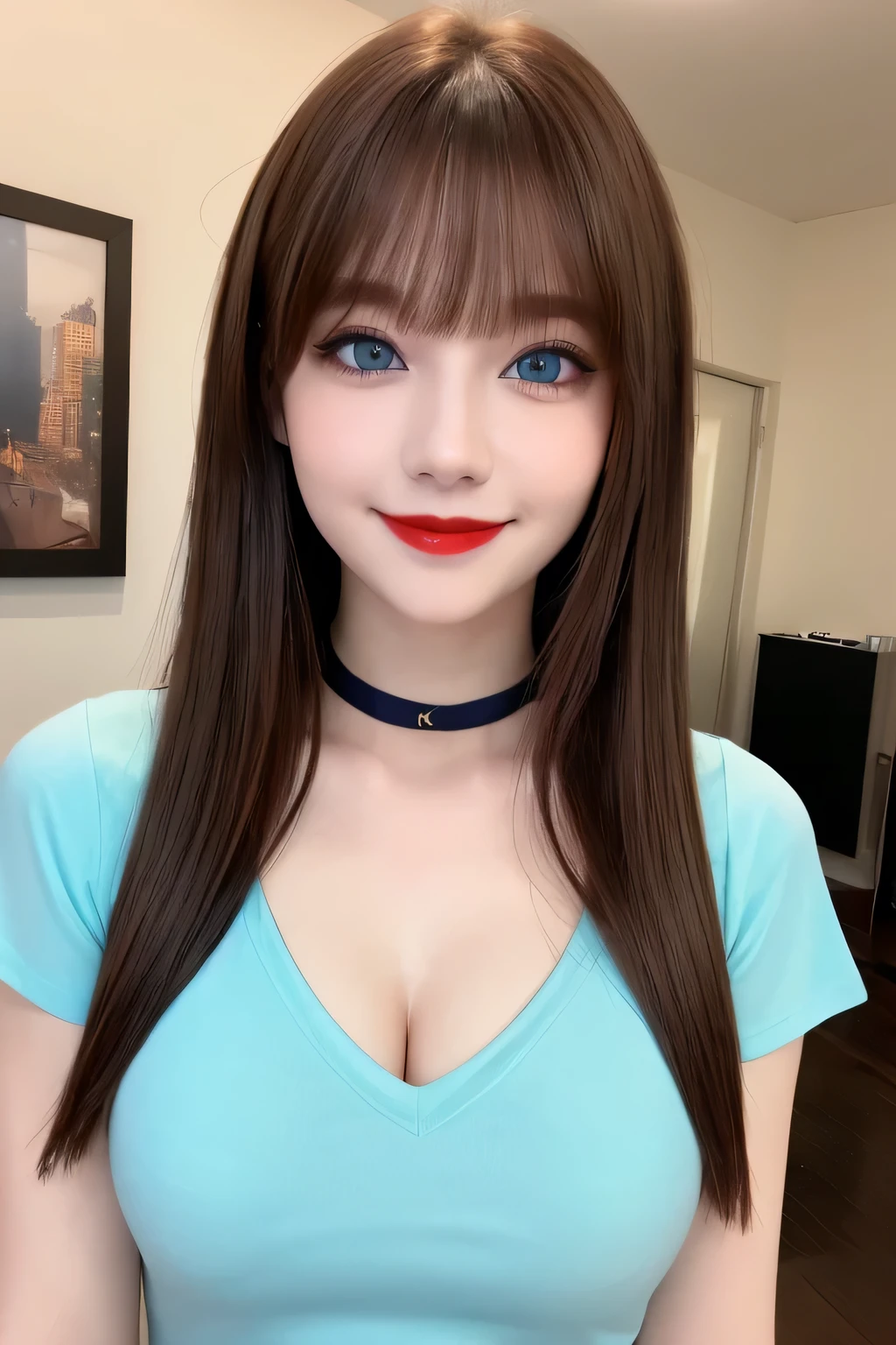 (Highest quality, 8K, Tabletop, Ultra HD: 1.3), V-neck T-shirt, 20-year-old、smile, Black Choker, Blue Eyes, Red lipstick, Very long eyelashes, Cleavage, Noble, bangs, brown hair and straight long hair, President's office, ((Tabletop)), Tie your hair back, ((Slim face, The body is slim)), VIP Room、Suite Room、Big boobs