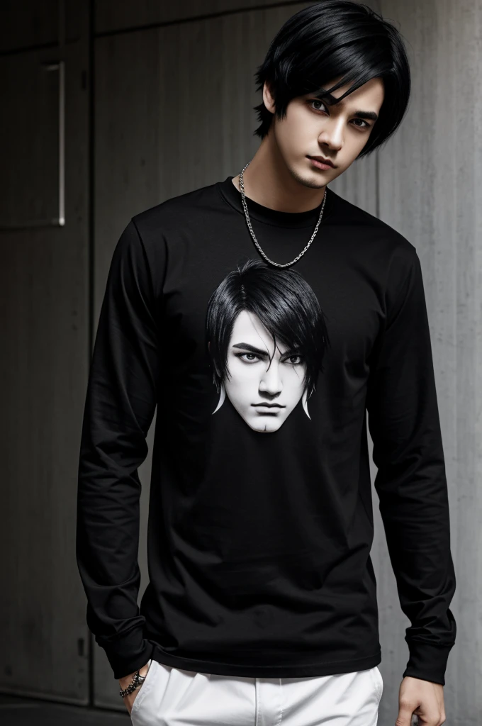 Emo style male character black hair black and white face and eyes,mouth and nose black pants black t-shirt a long sleeve chain