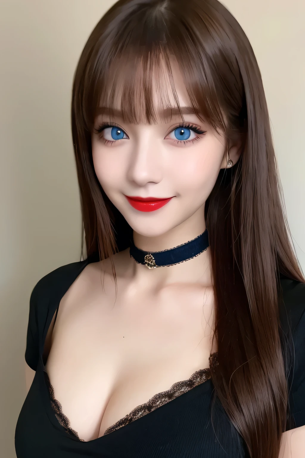 (Highest quality, 8K, Tabletop, Ultra HD: 1.3), V-neck T-shirt, 20-year-old、smile, Black Choker, Blue Eyes, Red lipstick, Very long eyelashes, Cleavage, Noble, bangs, brown hair and straight long hair, President's office, ((Tabletop)), Tie your hair back, ((Slim face, The body is slim)), VIP Room、Suite Room、Big boobs
