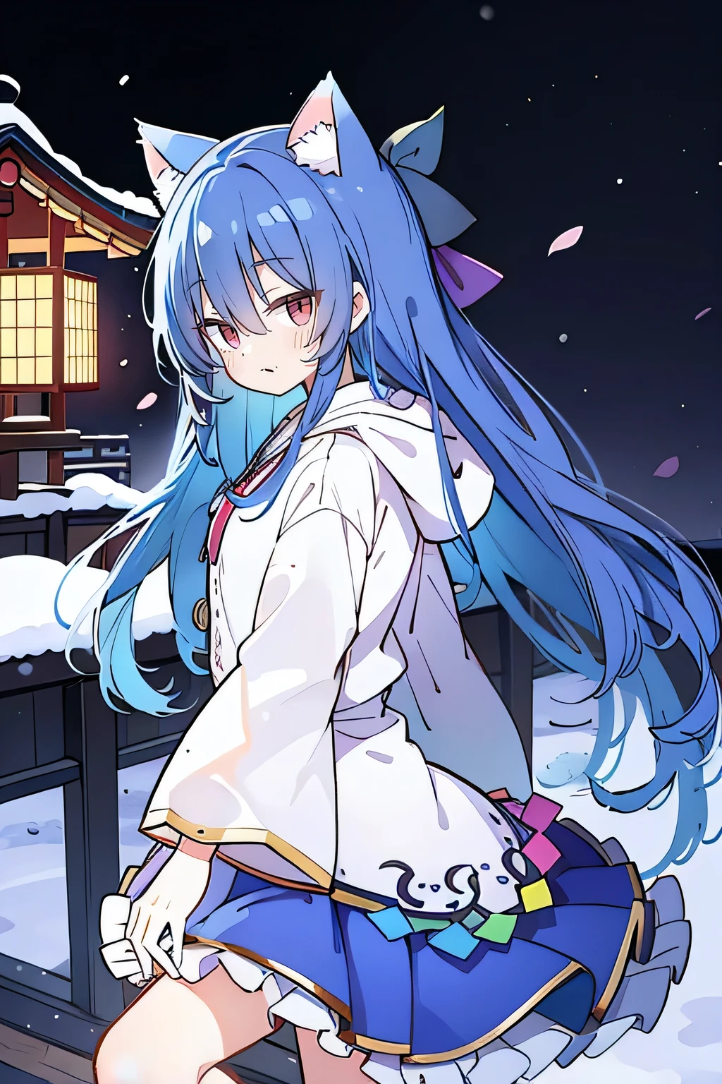 (masterpiece:1.uper detailed,lifelike,Expressive eyes,fair skin,perfect face shape,1 girl,
Japanese comics,Gorgeous blue hair,flowing blue hair,flowing clothes,Cat ears,Petals fall,beautiful lola,Baby Angel,
Shaking head with one hand,Cross your legs,Gentle and peaceful background,The pavilion is cool and comfortable,smile, wearing hoodie, background of tokyo,back views,snowing, winter.