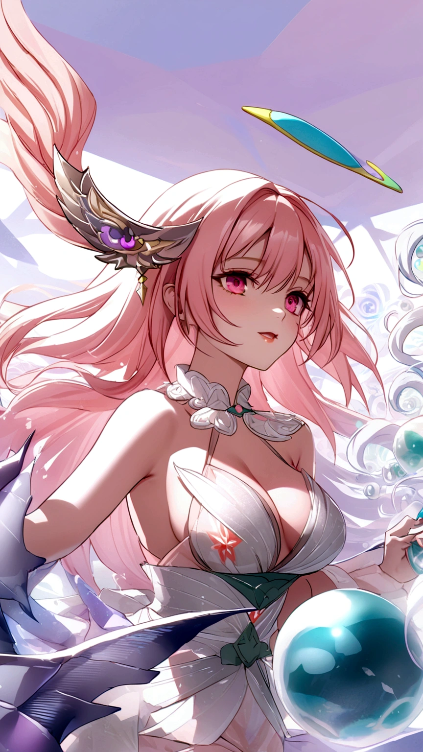 (Dolia honor of kings),Light pink hair, pink eyes, pink and white, sakura leafs, vivid colors, white dress, paint splash, simple background, ray tracing, wavy hair