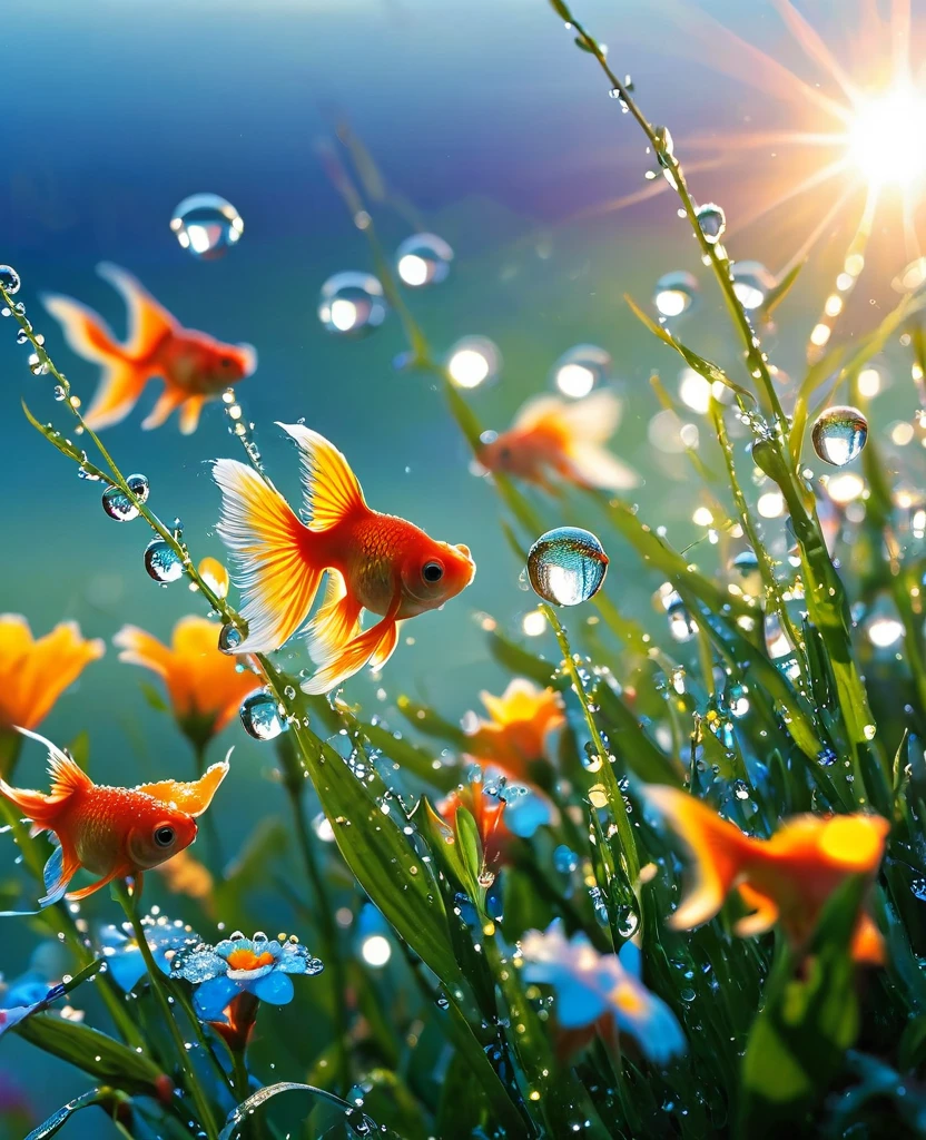 The first rays of sunlight in the morning，(((dewdrops on flowers，(sunrise)，))).Goldfish in the sky，Nice photos，HD Wallpapers，