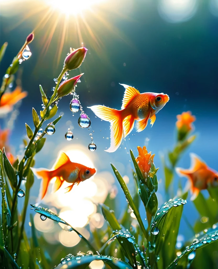 The first rays of sunlight in the morning，(((dewdrops on flowers，(sunrise)，))).Goldfish in the sky，Nice photos，HD Wallpapers，