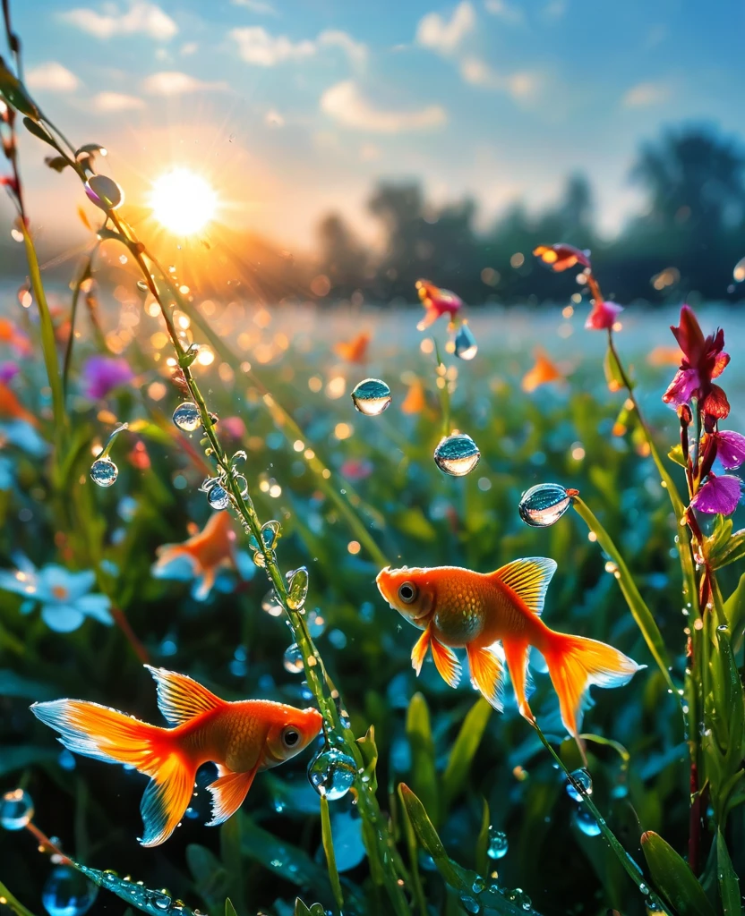 The first rays of sunlight in the morning，(((dewdrops on flowers，(sunrise)，))).Goldfish in the sky，Nice photos，HD Wallpapers，