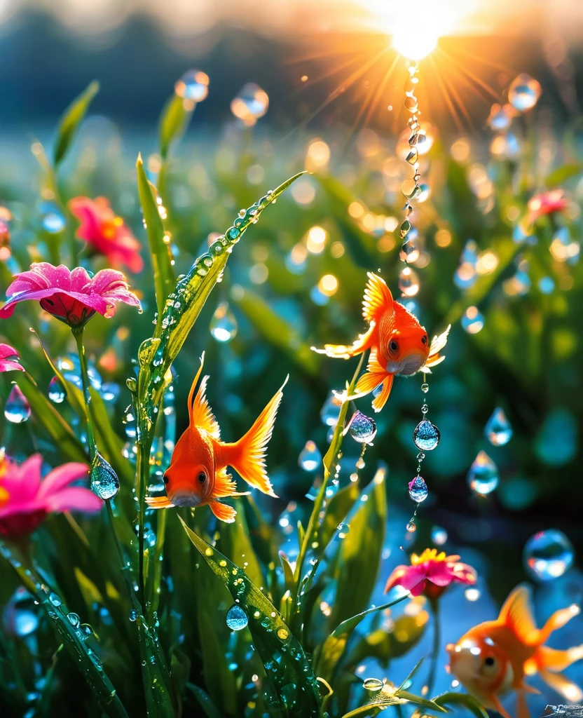 The first rays of sunlight in the morning，(((dewdrops on flowers，(sunrise)，))).Goldfish in the sky，Nice photos，HD Wallpapers，