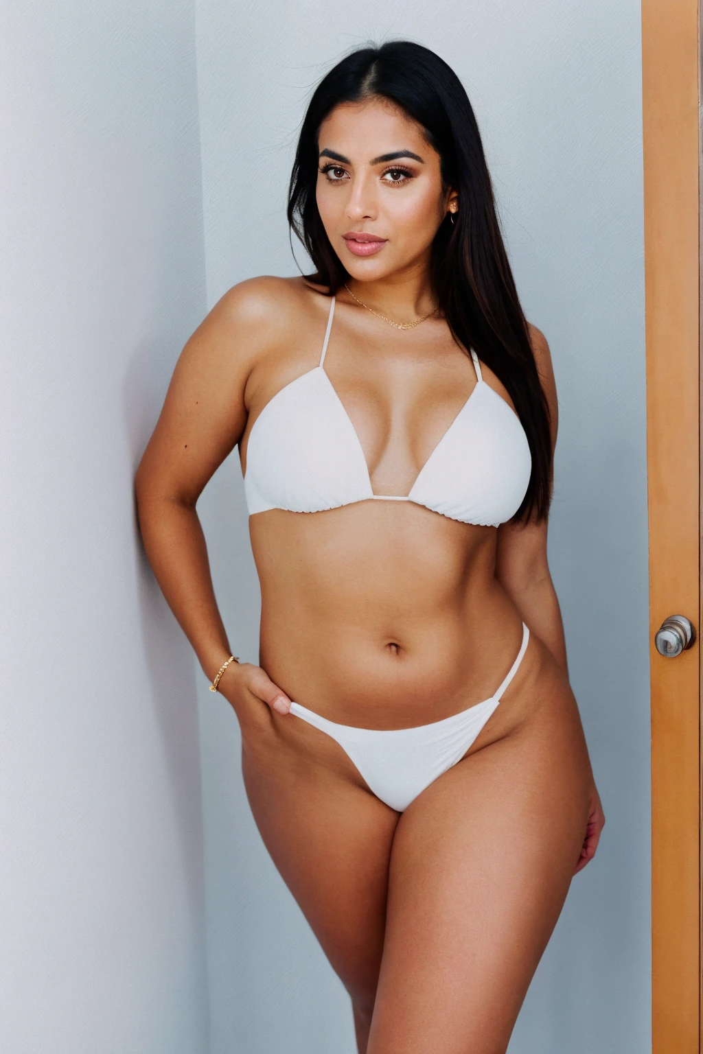 RAW photo,candid photograph, full body,photo of a beautiful,influencer,30yo Arab woman, detailed skin, naked, looking at viewer, thick body structure,white background,no background, candid pose,blue light, film grain, kodak color, instagram LUT