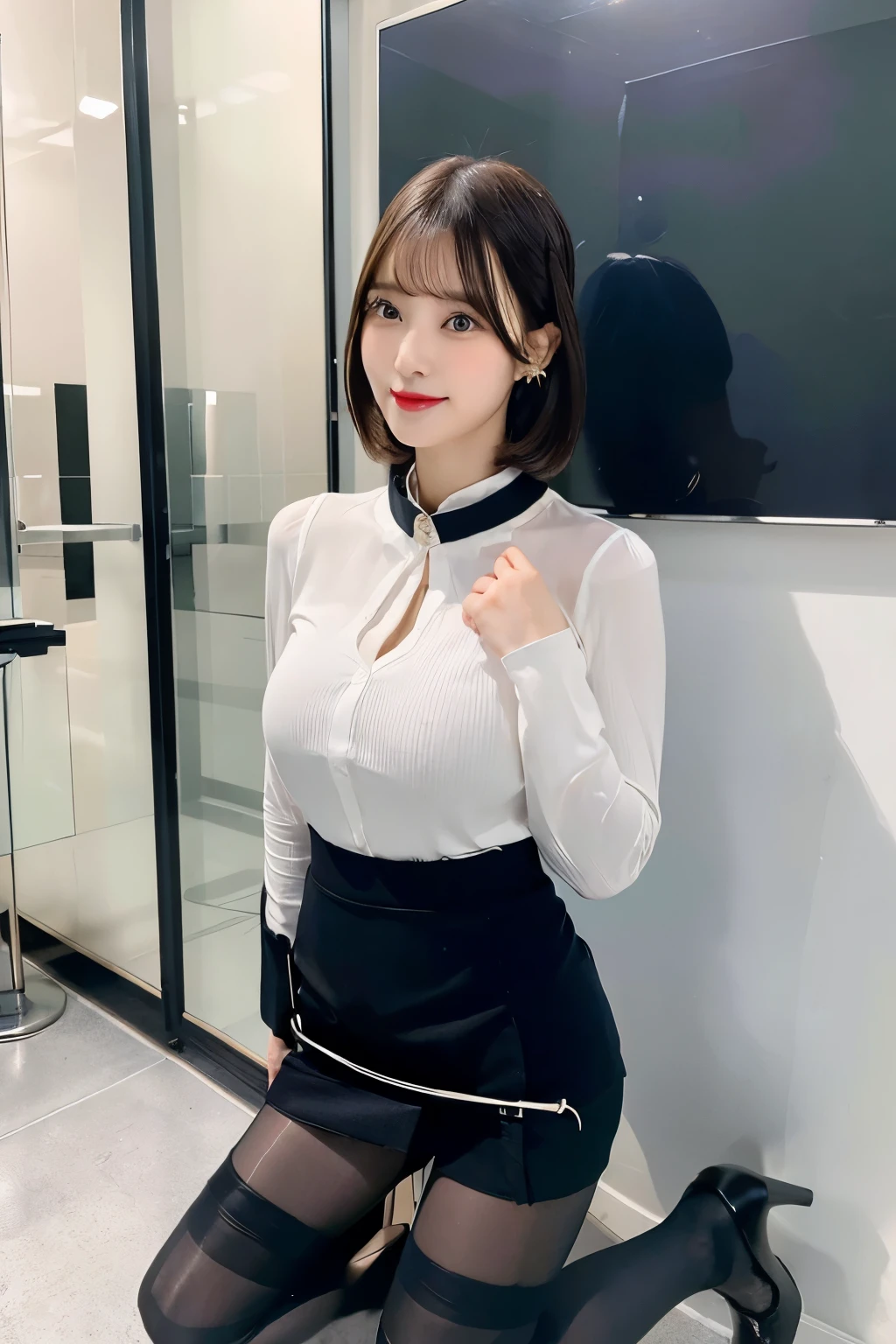 (8K, best quality, masterpiece:1.2), (Practical, photo-Practical:1.37), Extremely detailed, 1 girl, Kneeling on the ground,Hands behind your back,Handcuffed, (Adjust Hair:1.8) Office female staff,Office skirt, (Pantyhose:1.2), (Wearing a collar), Topless, (Pantyhose:1.2), Alpha Layer, High heel, Beautiful earrings, Lovely, Solitary, Beautiful and detailed sky, (Smile:1.15), (Open your mouth), Large Breasts, Beautiful and delicate eyes, business attire, (short hair:1.2), NovaFrogStyle,