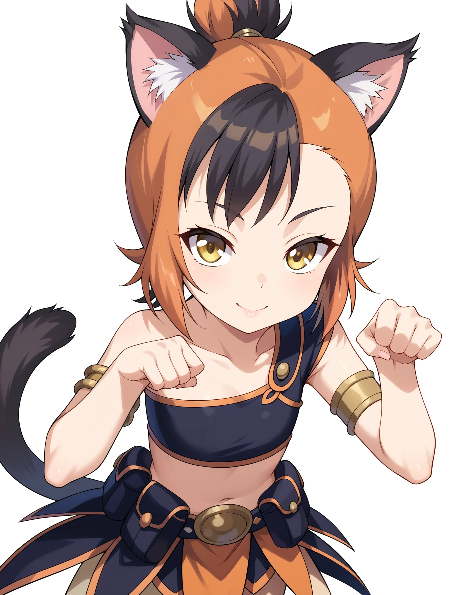 core_9, score_8_up, solo, BREAK, female ,  wilykit, girl, solo, brown hair, two-tone hair, multicolored hair, armlet, yellow eyes,  paw pose,  black hair, orange hair, animal ears, flat chest, white background,