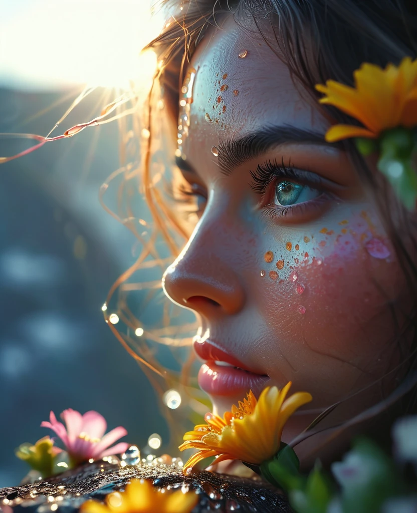 a close-up of a woman's eye, beautiful detailed eyes, extremely detailed eyes and face, detailed flower petals with morning dew on a cliff, cinematic lighting, dramatic, sunrise, lens flare, high quality photograph, 8k, hyper realistic, natural lighting, photorealistic