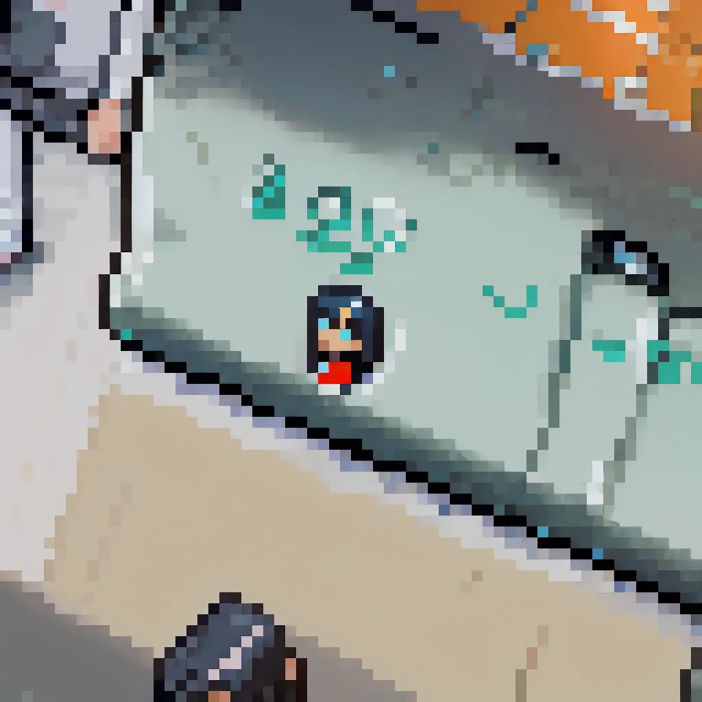 (pixel art_1.1)1female students, female students in front of me, female students is Sitting and sleeping on the train, standing on Young man, middle-aged Multiple Salaryman, pixel art, 8bit, NES