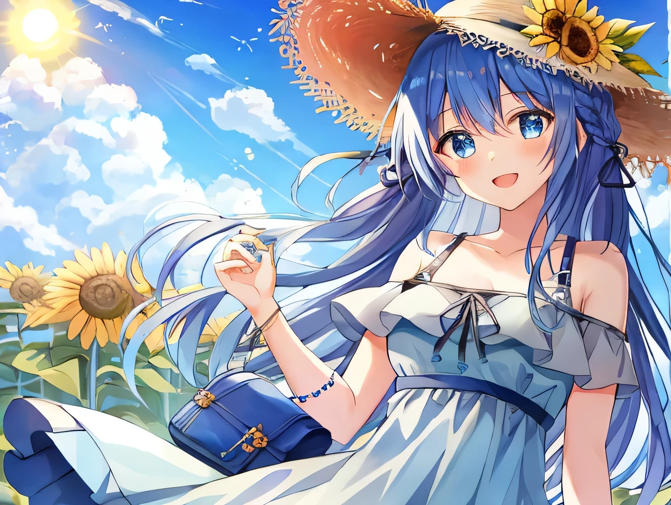 masterpiece, best quality, Super high quality 1girl, :D, bag, bangs, just_shoulDers, blue_Dress, blue_eyes, blue_hair, blush, bottle, braiD, breasts, brown_heaDwear, collarbone, Dress, eyebrows_ass visible_through_hair, flower, fooD, frills, hair_between_eyes, hanDbag, hat, hat_flower, holDing, holDing_bottle, jewelry, long_hair, looking_at_viewer, meDium_breasts, open_mouth, ramune, shoulDer_bag, smile, solo, straw_hat, sun_hat, sunflower, very_long_hair, virtual_youtuber