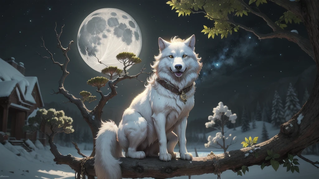A white Big Fantasy Wolf sitting on top of a tree branch next to a moon