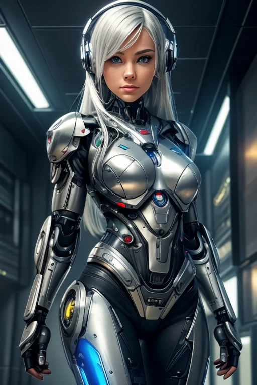 futuristic woman with headphones and futuristic suit in futuristic setting, cyborg girl, cyborg woman, cyborg - girl, perfect cyborg female, beutiful girl cyborg, beautiful cyborg girl, cyberpunk robotic elvish queen, portrait of a cyborg queen, cute cyborg girl, cyborg - girl with silver hair, cybernetic scifi, female cyborg, beautiful cyborg woman