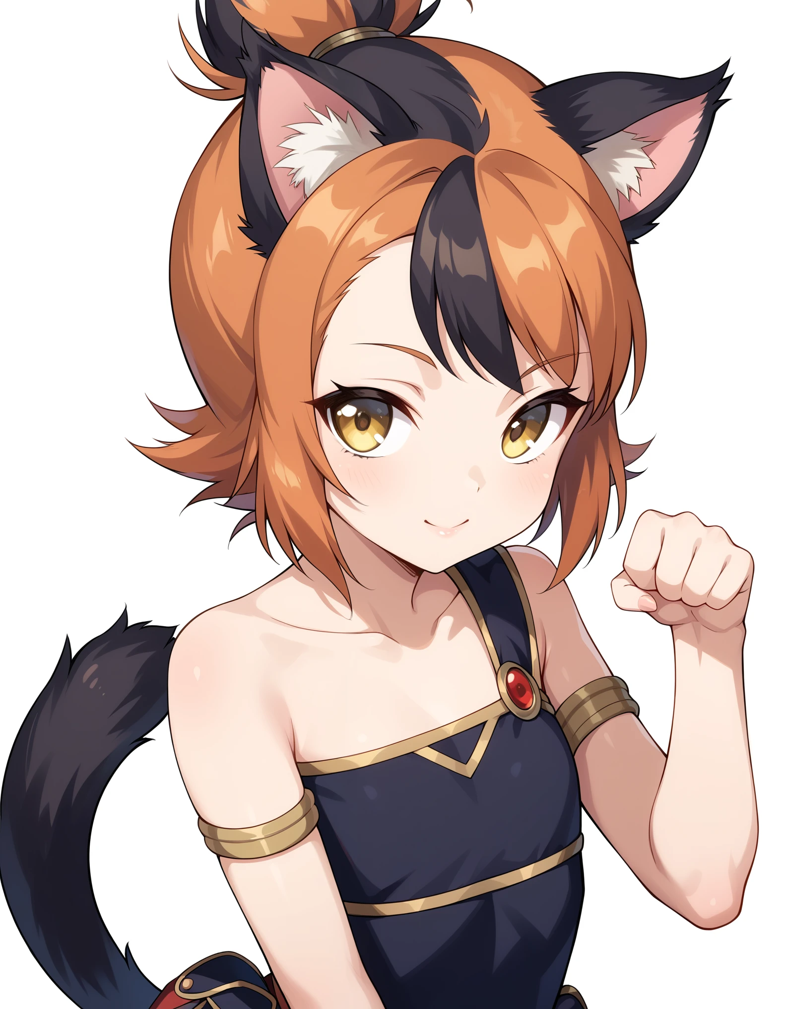 core_9, score_8_up, score_7_up, solo, BREAK, female ,  wilykit, girl, solo, brown hair, two-tone hair, multicolored hair, armlet, yellow eyes,  paw pose,  black hair, orange hair, animal ears, flat chest, white background,