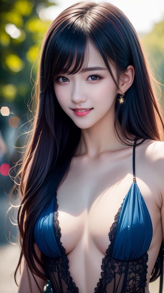 (8k, best quality, masterpiece: 1.2), (realistic, photo-realistic: 1.37), Ultra-detailed, best quality, Ultra high resolution, professional lighting, photon mapping, Radio City, based rendering on physics, cinema lighting, pedestrian street,Depth of field when raining, sharpness,sun rays, well composed,(bokeh:1.2) 1girl,only,(close view),beautiful detailed eyes, smiling face, pose, height thin, medium chest, (Randomly colored clothes), black hair, messy hair, long hair fluttering in the wind, (ulzzang-6500:1.2)