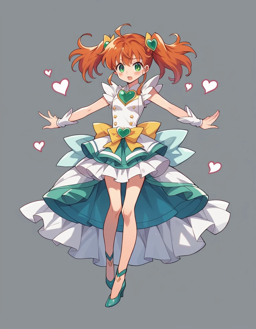 extremely detailed 8K CG, ultra-detailed:1.3, ultra delicate and detailed face:1.3, (absurdres, texture, masterpiece), pixiv contest winner, by Posuka Demizu, right image, full body, dynamic manga-style illustration of The world is full of pop, kitsch, and cuteness, with a yellow and blue-green color scheme, and an anime-style magical girl blowing a kiss to the left side with a cute expression.She wears a heart-patterned balloon skirt and a glass She's wearing stiletto heels.
