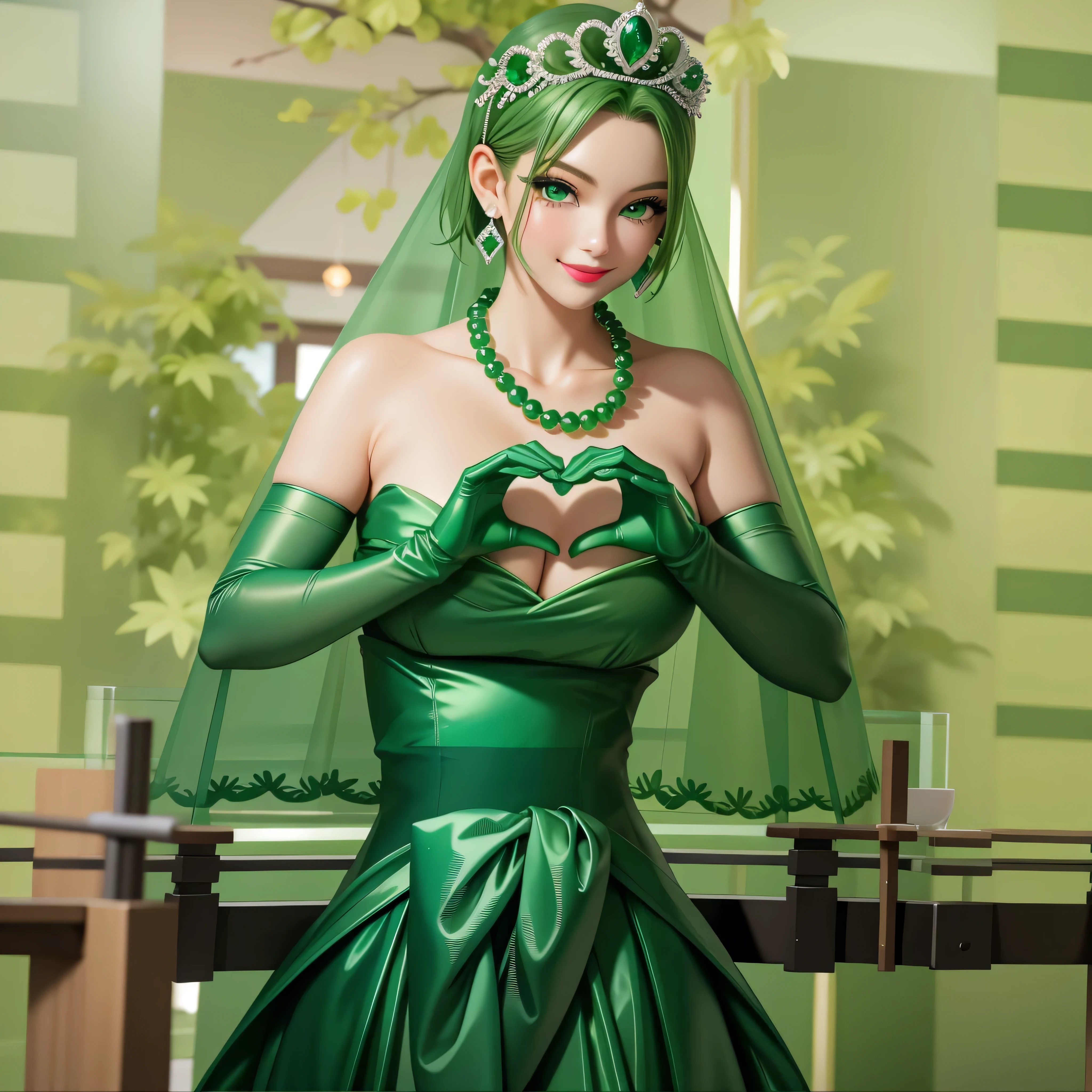 emerald tiara, Green Pearl Necklace, Boyish very short green hair, Green Lips, Smiling Japanese woman, Very short hair, Busty beautiful lady, Green Eyes, Green satin long gloves, Green Eyes, Emerald Earrings, Green veil, Heart with both hands, Green Hair, Beautiful Japanese Woman, Heart shaped hands:1.3, green lip gloss