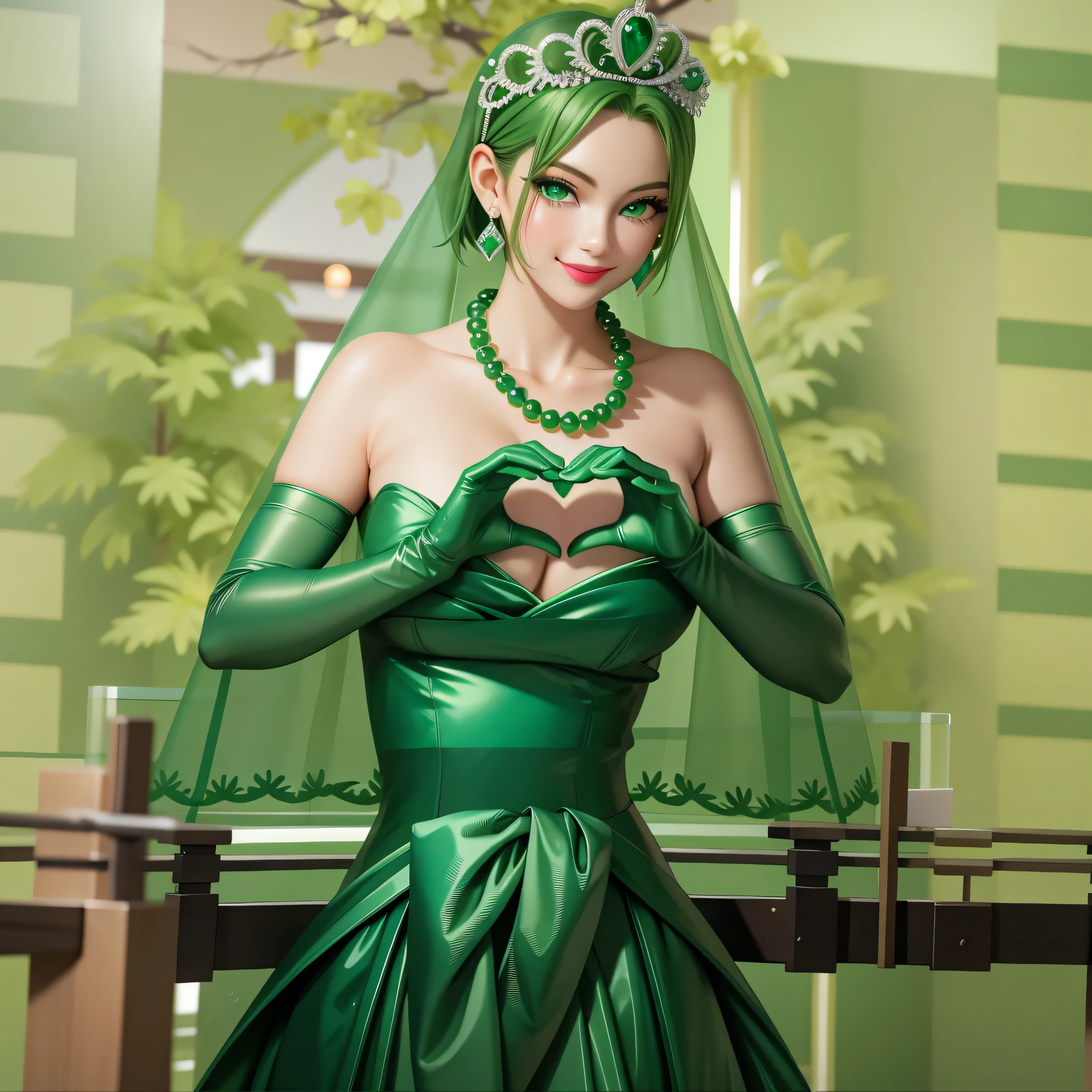 emerald tiara, Green Pearl Necklace, Boyish very short green hair, Green Lips, Smiling Japanese woman, Very short hair, Busty beautiful lady, Green Eyes, Green satin long gloves, Green Eyes, Emerald Earrings, Green veil, Heart with both hands, Green Hair, Beautiful Japanese Woman, Heart shaped hands:1.3, green lip gloss