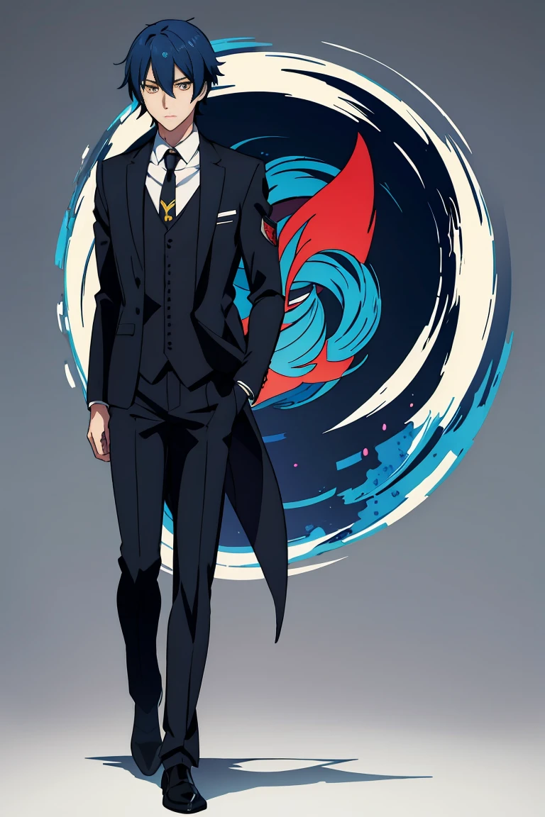 anime boy with interesting hair, wearing smart clothes, standing in front of a dark background, artwork in the style of Guweiz, profile of anime boy, portrait anime boy, beautiful anime portrait, Rimuru Tempest, blue hair, yellow eyes, male characteristics, white dress shirt, dark tie, tailored black suit, detailed, high quality, high resolution, masterpiece, best quality, full body view