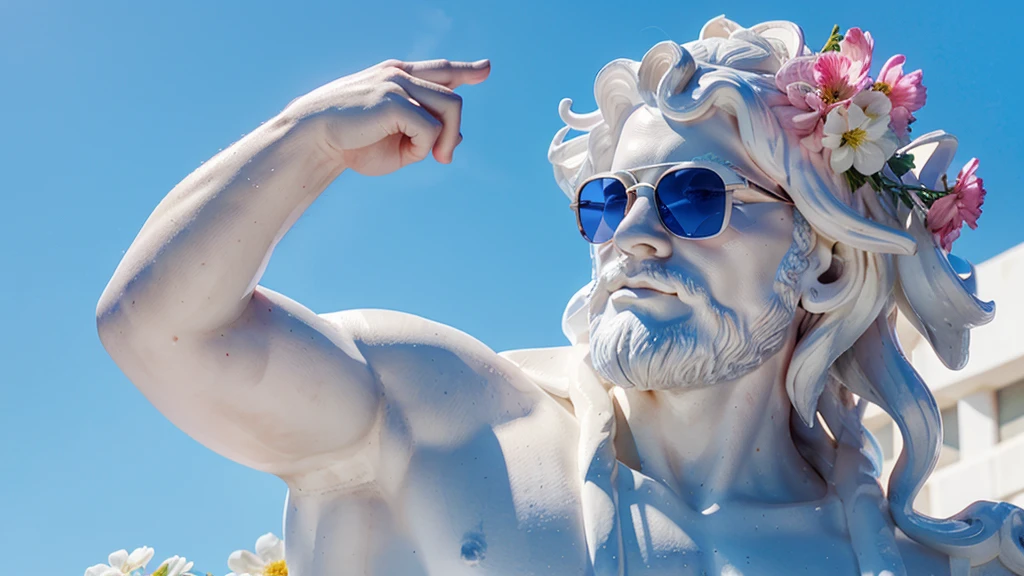 White sculpture of Poseidon wearing fancy sunglasses with pink flowers with his index finger raised up on a blue background.