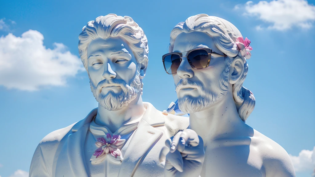 White sculpture of Poseidon wearing fancy sunglasses with pink flowers with his index finger raised up on a blue background.