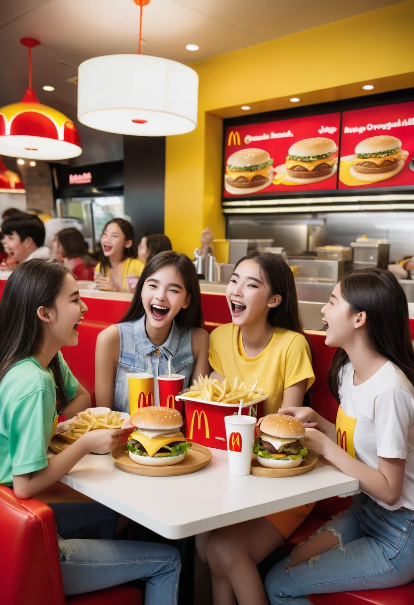 italy. A highly realistic scene of three teenage girls and one younger girl celebrating together at a McDonald's restaurant in the evening. The group is seated around a table filled with trays of hamburgers, fries, and cups of orange soda. The teenagers, all around , and the younger girl, around 8 years old, ad in colorful spring outfits: cheerful skirts and bright t-shirts. Their faces are lit up with laughter and excitement as they enjoy their meal. The table is surrounded by the lively, casual atmosphere of the restaurant, with other patrons chatting and enjoying their food. In the background, iconic McDonald's decor is visible, including the familiar red and yellow color scheme, a menu board, and a counter. The scene captures the joy and energy of their celebration, with the vibrant colors of their outfits and the festive ambiance of McDonald's enhancing the cheerful mood of the gathering