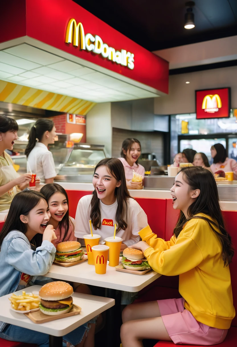 italy. A highly realistic scene of three teenage girls and one younger girl celebrating together at a McDonald's restaurant in the evening. The group is seated around a table filled with trays of hamburgers, fries, and cups of orange soda. The teenagers, all around 13 years old, and the younger girl, around 8 years old, are dressed in colorful spring outfits: cheerful skirts and bright t-shirts. Their faces are lit up with laughter and excitement as they enjoy their meal. The table is surrounded by the lively, casual atmosphere of the restaurant, with other patrons chatting and enjoying their food. In the background, iconic McDonald's decor is visible, including the familiar red and yellow color scheme, a menu board, and a counter. The scene captures the joy and energy of their celebration, with the vibrant colors of their outfits and the festive ambiance of McDonald's enhancing the cheerful mood of the gathering