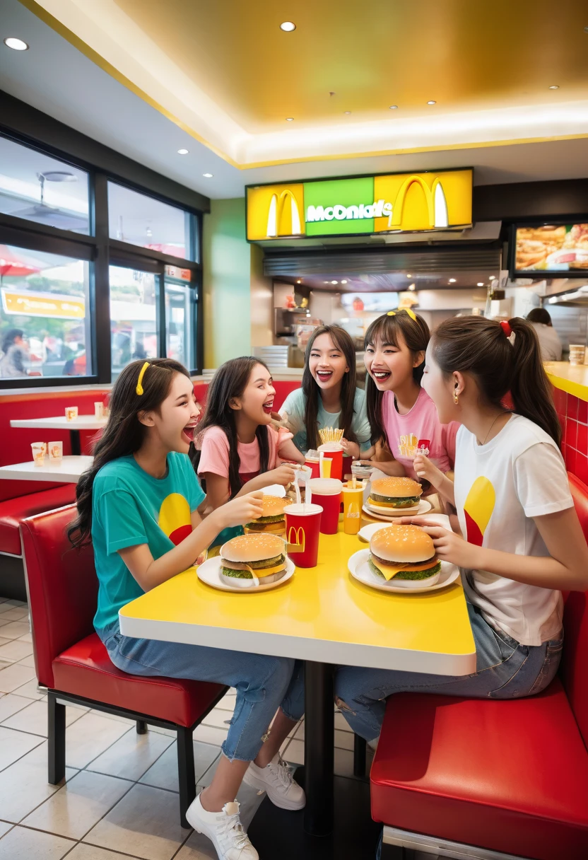 italy. A highly realistic scene of three teenage girls and one younger girl celebrating together at a McDonald's restaurant in the evening. The group is seated around a table filled with trays of hamburgers, fries, and cups of orange soda. The teenagers, all around 13 years old, and the younger girl, around 8 years old, are dressed in colorful spring outfits: cheerful skirts and bright t-shirts. Their faces are lit up with laughter and excitement as they enjoy their meal. The table is surrounded by the lively, casual atmosphere of the restaurant, with other patrons chatting and enjoying their food. In the background, iconic McDonald's decor is visible, including the familiar red and yellow color scheme, a menu board, and a counter. The scene captures the joy and energy of their celebration, with the vibrant colors of their outfits and the festive ambiance of McDonald's enhancing the cheerful mood of the gathering